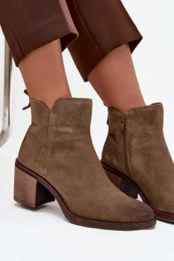 Online Buty Sergio Leone Botki Damskie Z Naturalnego Zamsz Na Słupku Ocieplane Sergio Leone BT25321-S Khaki