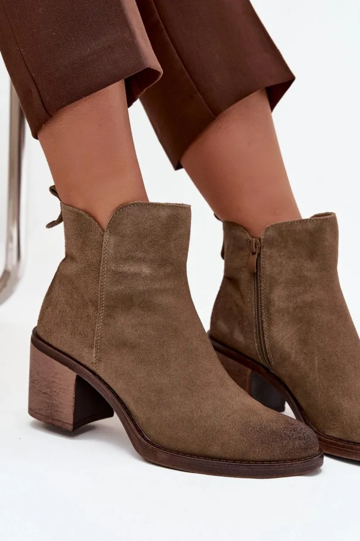 Online Buty Sergio Leone Botki Damskie Z Naturalnego Zamsz Na Słupku Ocieplane Sergio Leone BT25321-S Khaki