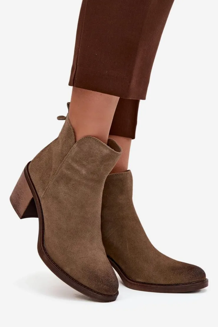 Online Buty Sergio Leone Botki Damskie Z Naturalnego Zamsz Na Słupku Ocieplane Sergio Leone BT25321-S Khaki