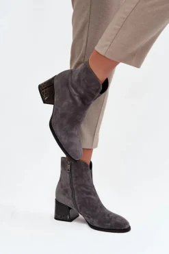 Buty damskie Vinceza Botki Ocieplane|Botki Skórzane*Botki Damskie Z Naturalnego Zamszu Na Obcasie Ocieplane Vinceza 66806 Szare Szary