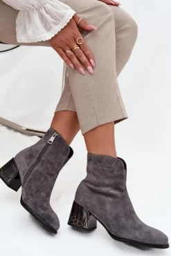 Buty damskie Vinceza Botki Ocieplane|Botki Skórzane*Botki Damskie Z Naturalnego Zamszu Na Obcasie Ocieplane Vinceza 66806 Szare Szary