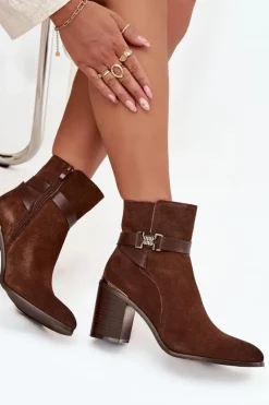 Damskie Buty Sergio Leone Botki Damskie Z Naturalnego Zamszu Na Słupku Ocieplane Sergio Leone BT25384-S Brązowe