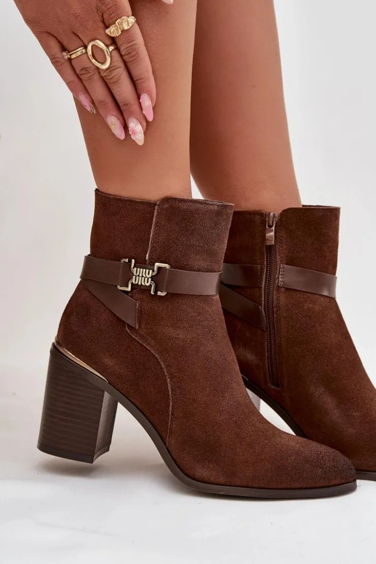 Damskie Buty Sergio Leone Botki Damskie Z Naturalnego Zamszu Na Słupku Ocieplane Sergio Leone BT25384-S Brązowe