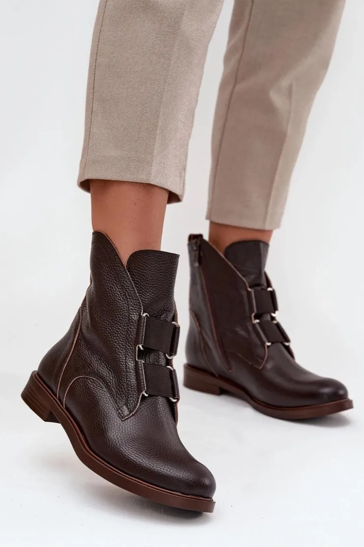 Damskie Zazoo Botki Damskie Z Naturalnej Skóry Na Płaskim Obcasie 3842 Czekoladowe