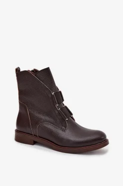 Damskie Zazoo Botki Damskie Z Naturalnej Skóry Na Płaskim Obcasie 3842 Czekoladowe