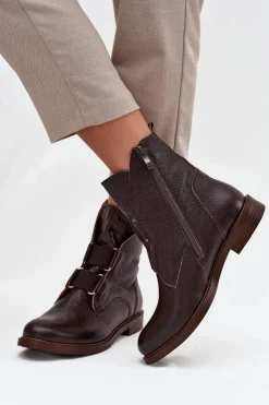 Damskie Zazoo Botki Damskie Z Naturalnej Skóry Na Płaskim Obcasie 3842 Czekoladowe