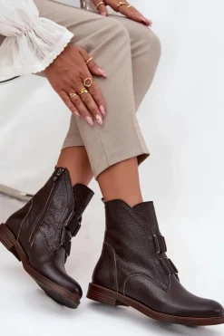 Damskie Zazoo Botki Damskie Z Naturalnej Skóry Na Płaskim Obcasie 3842 Czekoladowe