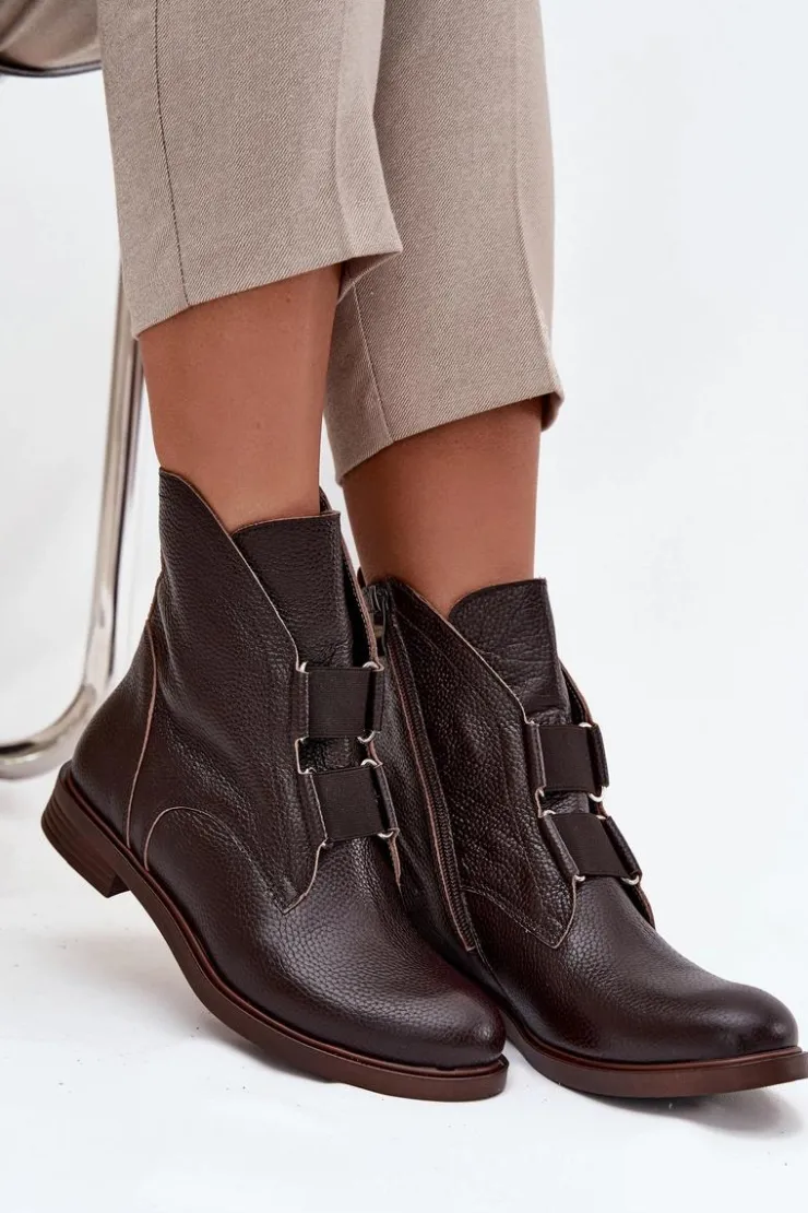 Damskie Zazoo Botki Damskie Z Naturalnej Skóry Na Płaskim Obcasie 3842 Czekoladowe