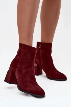 Sale D&A Botki Damskie Z Naturalnego Zamszu Na Słupku Ocieplane CR52-718 Bordowe Czerwony
