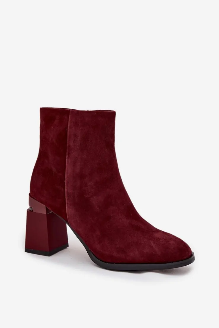 Sale D&A Botki Damskie Z Naturalnego Zamszu Na Słupku Ocieplane CR52-718 Bordowe Czerwony