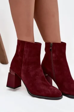 Sale D&A Botki Damskie Z Naturalnego Zamszu Na Słupku Ocieplane CR52-718 Bordowe Czerwony