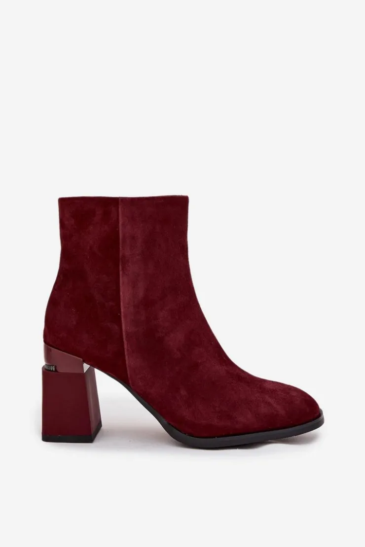 Sale D&A Botki Damskie Z Naturalnego Zamszu Na Słupku Ocieplane CR52-718 Bordowe Czerwony