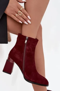 Sale D&A Botki Damskie Z Naturalnego Zamszu Na Słupku Ocieplane CR52-718 Bordowe Czerwony