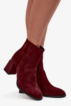 Sale D&A Botki Damskie Z Naturalnego Zamszu Na Słupku Ocieplane CR52-718 Bordowe Czerwony