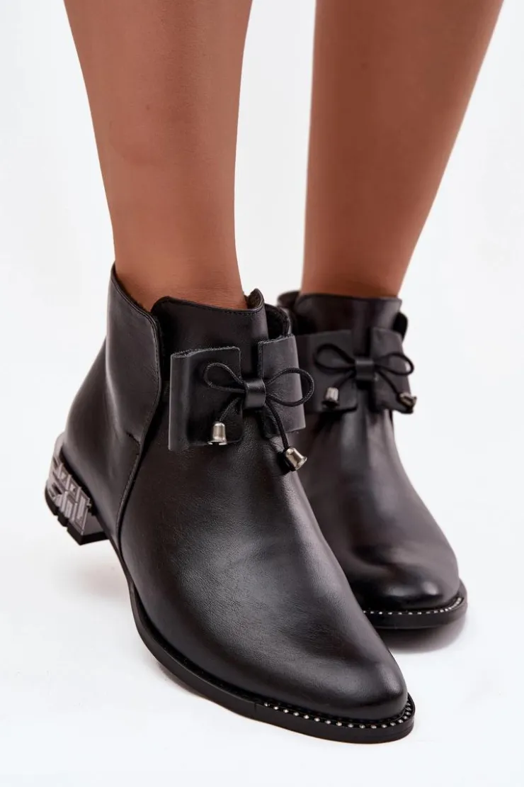 Discount Zazoo Botki Damskie Z Naturalnej Skóry Na Niskim Obcasie 1396 Czarne