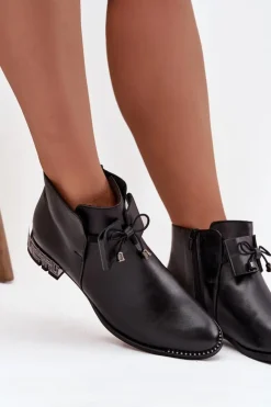 Discount Zazoo Botki Damskie Z Naturalnej Skóry Na Niskim Obcasie 1396 Czarne