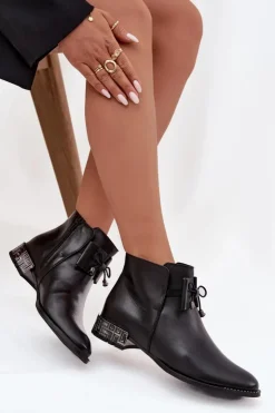 Discount Zazoo Botki Damskie Z Naturalnej Skóry Na Niskim Obcasie 1396 Czarne