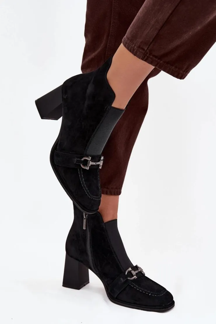 Sale Artiker Botki Damskie Z Naturalnego Zamszu Na Słupku 57C0124 Czarne Czarny