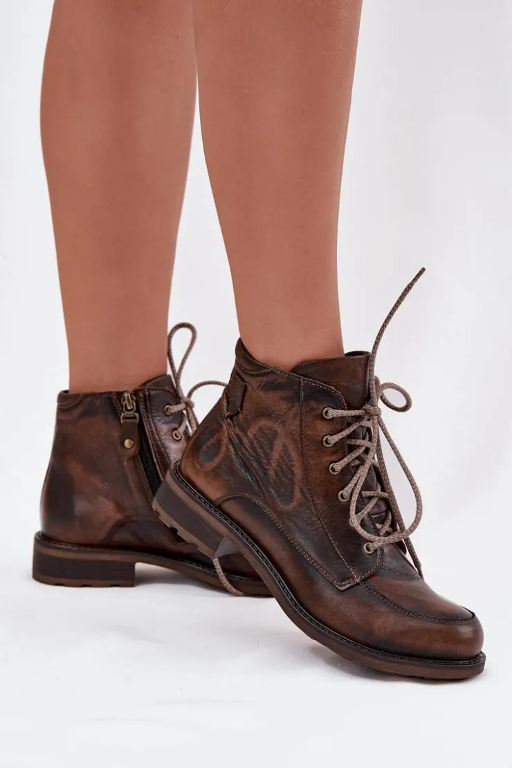 Online Maciejka Botki Damskie Z Naturalnej Skóry Na Płaskim Obcasie 07063-02 Brązowe