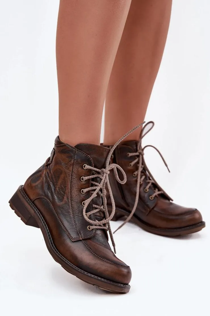 Online Maciejka Botki Damskie Z Naturalnej Skóry Na Płaskim Obcasie 07063-02 Brązowe