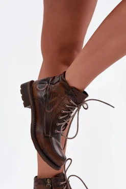 Online Maciejka Botki Damskie Z Naturalnej Skóry Na Płaskim Obcasie 07063-02 Brązowe