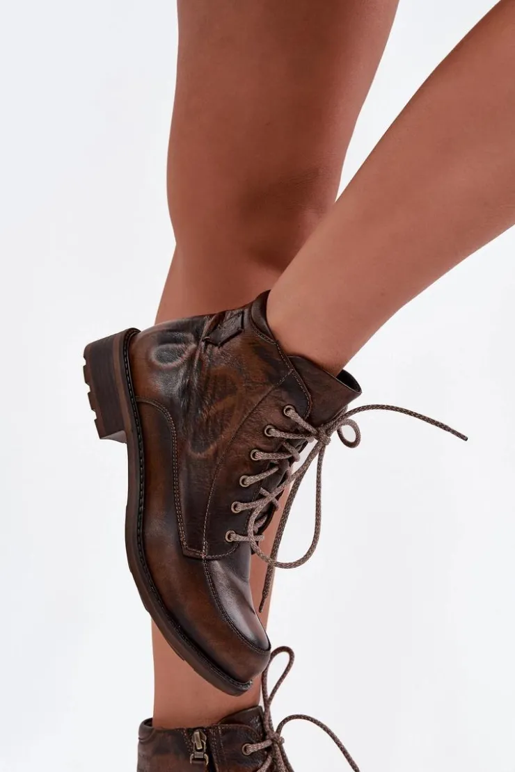 Online Maciejka Botki Damskie Z Naturalnej Skóry Na Płaskim Obcasie 07063-02 Brązowe