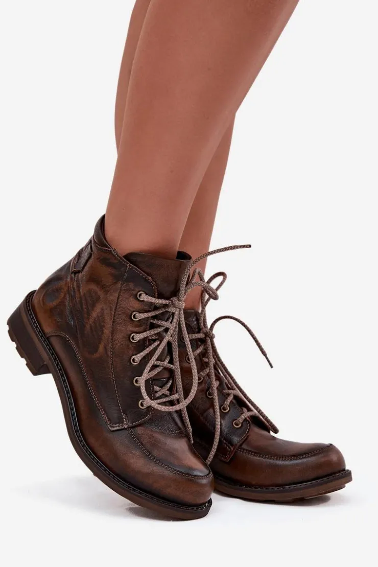 Online Maciejka Botki Damskie Z Naturalnej Skóry Na Płaskim Obcasie 07063-02 Brązowe