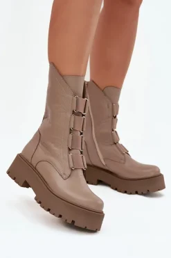 Damskie Zazoo Botki Damskie Z Naturalnej Skóry Na Platformie 3795 Beżowe