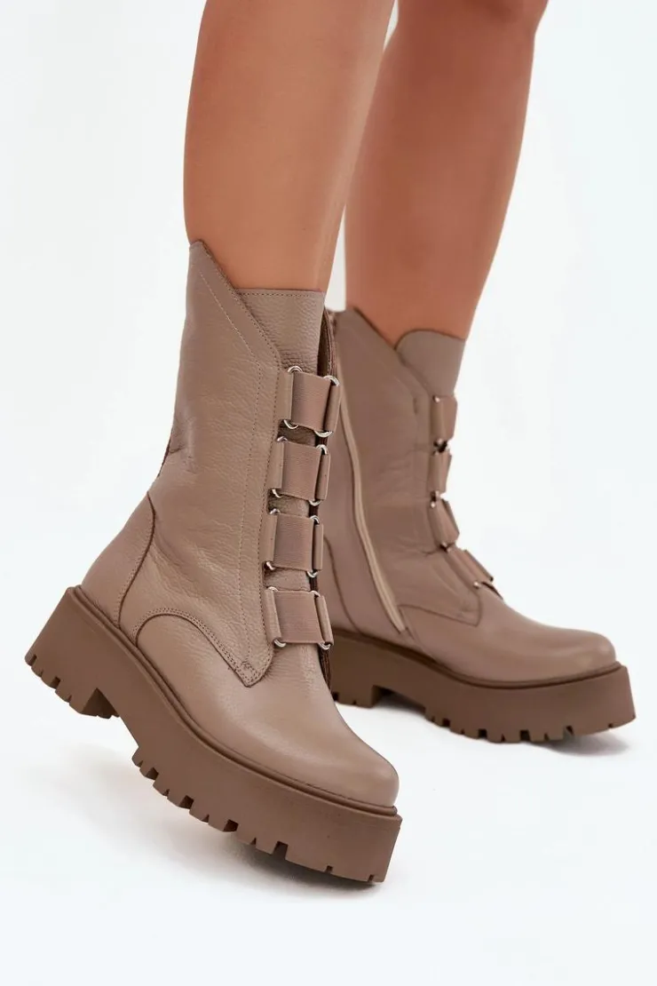 Damskie Zazoo Botki Damskie Z Naturalnej Skóry Na Platformie 3795 Beżowe