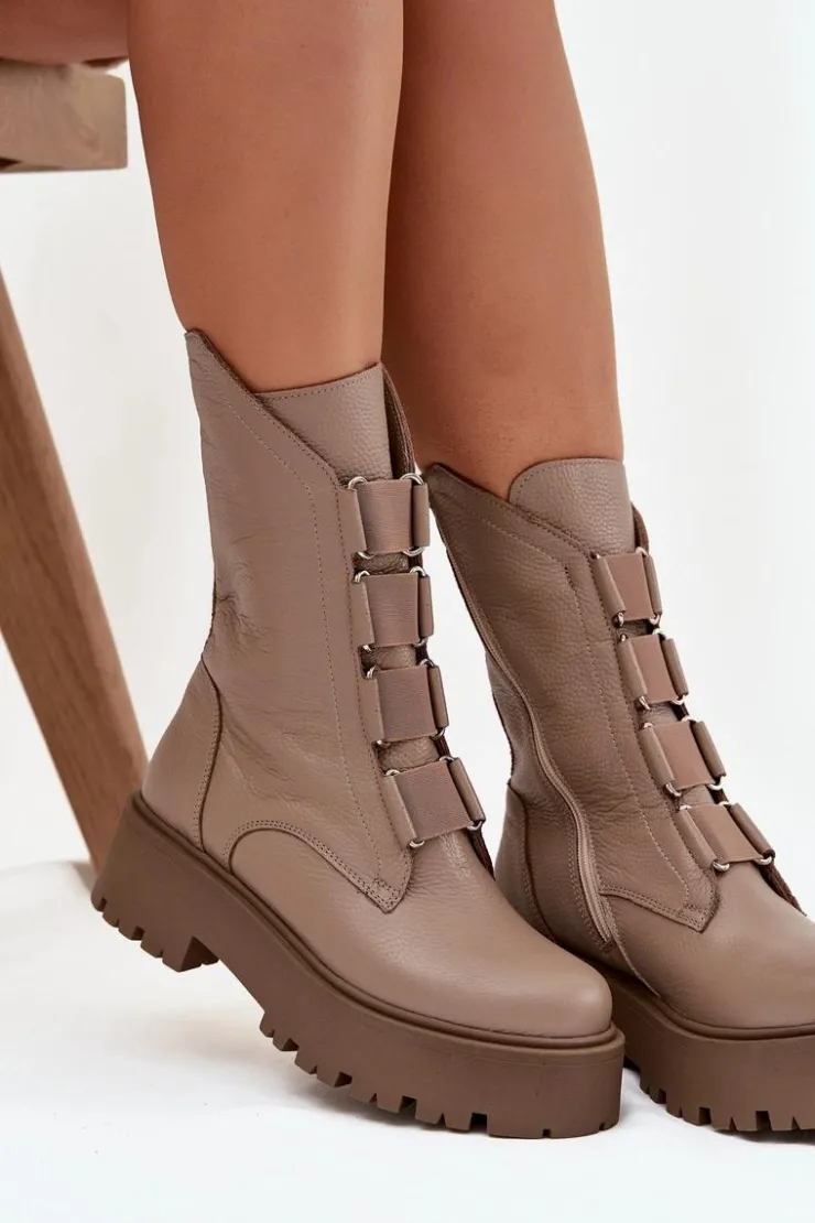 Damskie Zazoo Botki Damskie Z Naturalnej Skóry Na Platformie 3795 Beżowe