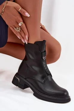 Damskie Boto Botki Damskie Z Naturalnej Skóry Na Niskim Obcasie Czarne Karisse