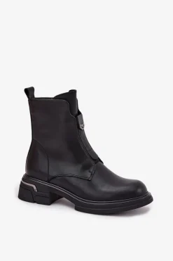 Damskie Boto Botki Damskie Z Naturalnej Skóry Na Niskim Obcasie Czarne Karisse