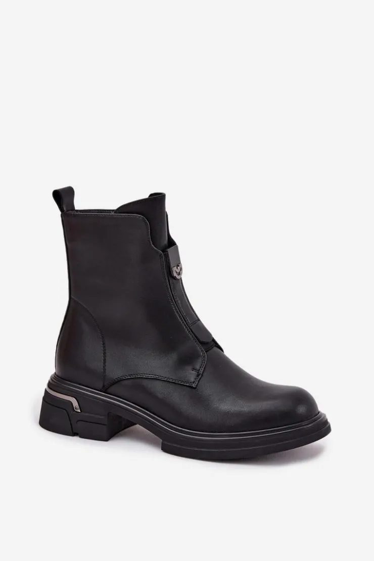 Damskie Boto Botki Damskie Z Naturalnej Skóry Na Niskim Obcasie Czarne Karisse