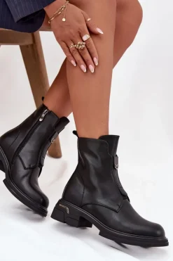 Damskie Boto Botki Damskie Z Naturalnej Skóry Na Niskim Obcasie Czarne Karisse