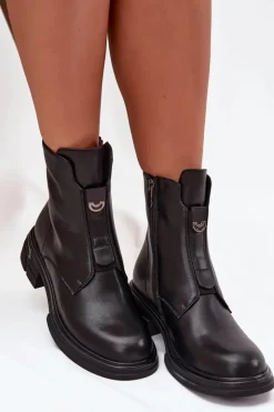 Damskie Boto Botki Damskie Z Naturalnej Skóry Na Niskim Obcasie Czarne Karisse