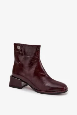 Damskie Damskie buty S.Barski Botki Damskie Z Naturalnej Skóry Na Klocku Ocieplane D&A CR52-715 Bordowe