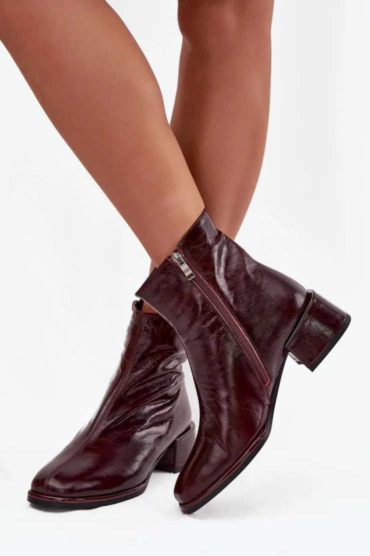 Damskie Damskie buty S.Barski Botki Damskie Z Naturalnej Skóry Na Klocku Ocieplane D&A CR52-715 Bordowe