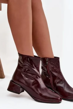 Damskie Damskie buty S.Barski Botki Damskie Z Naturalnej Skóry Na Klocku Ocieplane D&A CR52-715 Bordowe