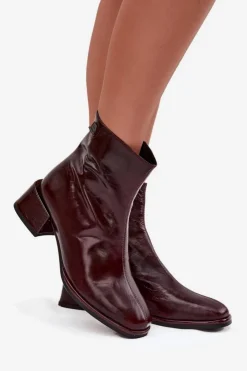 Damskie Damskie buty S.Barski Botki Damskie Z Naturalnej Skóry Na Klocku Ocieplane D&A CR52-715 Bordowe