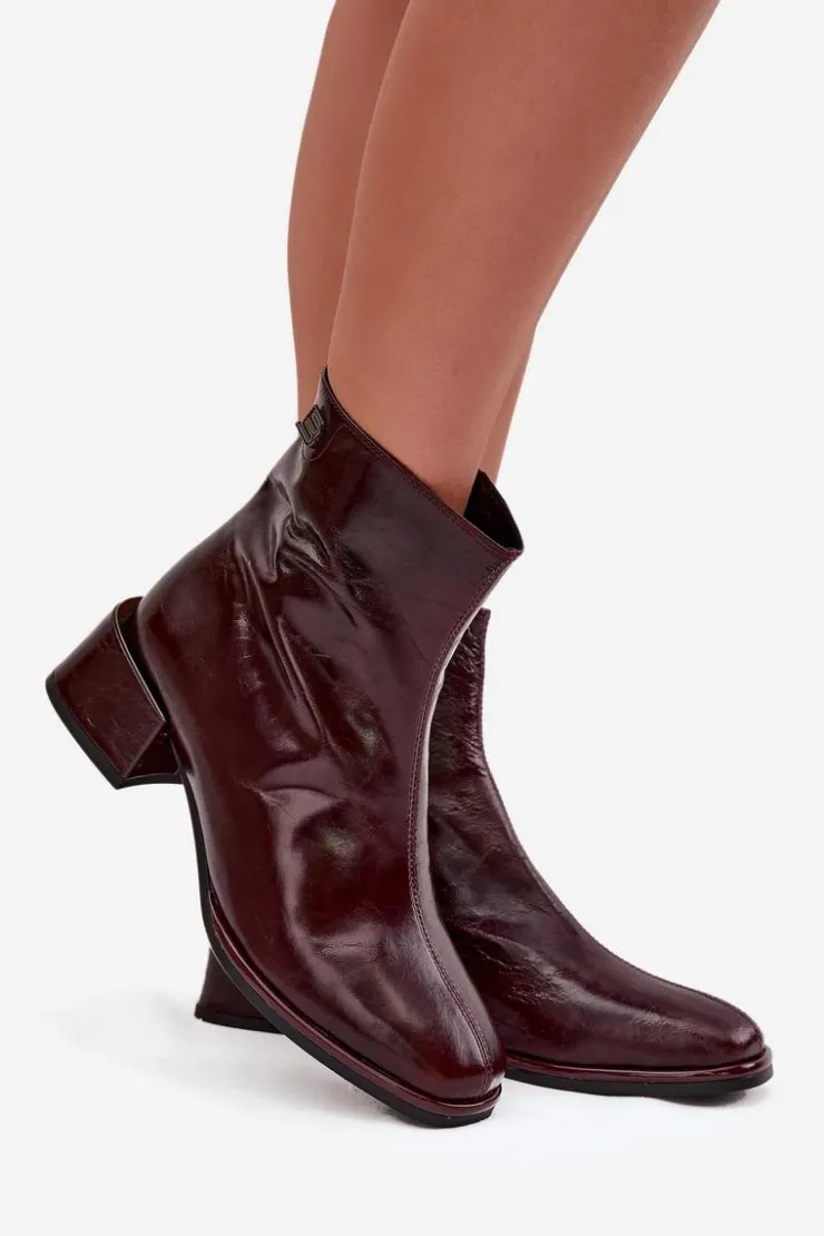 Damskie Damskie buty S.Barski Botki Damskie Z Naturalnej Skóry Na Klocku Ocieplane D&A CR52-715 Bordowe