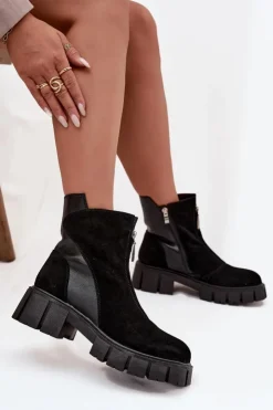 Outlet D&A Botki Damskie Z Naturalnego Zamszu Ocieplane JC52-874 Czarne