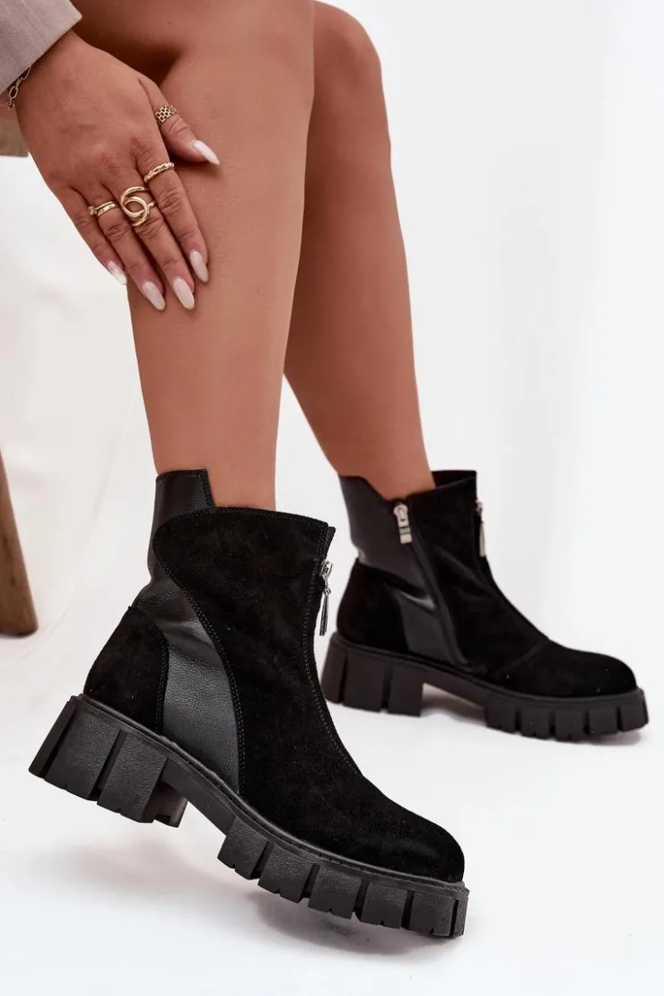 Outlet D&A Botki Damskie Z Naturalnego Zamszu Ocieplane JC52-874 Czarne