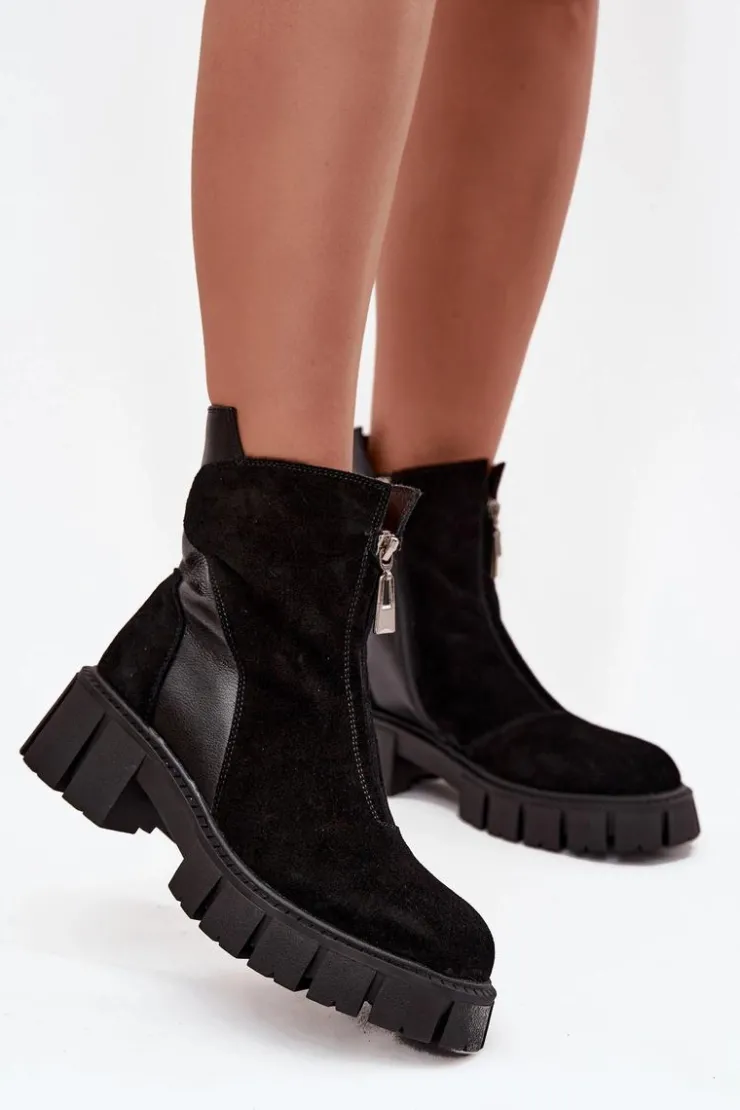 Outlet D&A Botki Damskie Z Naturalnego Zamszu Ocieplane JC52-874 Czarne