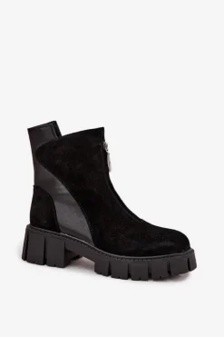 Outlet D&A Botki Damskie Z Naturalnego Zamszu Ocieplane JC52-874 Czarne