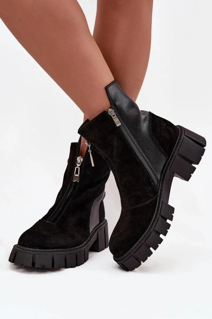 Outlet D&A Botki Damskie Z Naturalnego Zamszu Ocieplane JC52-874 Czarne
