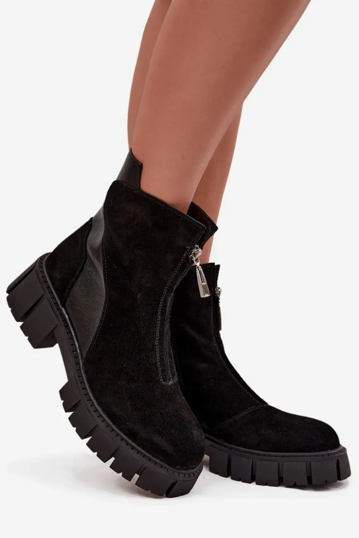 Outlet D&A Botki Damskie Z Naturalnego Zamszu Ocieplane JC52-874 Czarne
