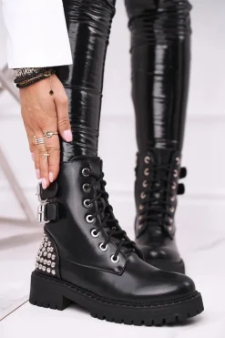 Boto Botki Sznurowane|Czarne Botki*Botki Damskie Z Nitami Czarne Feel Your Touch