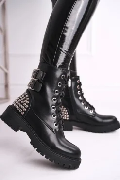 Boto Botki Sznurowane|Czarne Botki*Botki Damskie Z Nitami Czarne Feel Your Touch