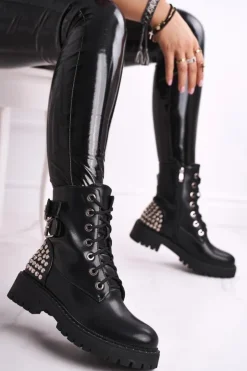 Boto Botki Sznurowane|Czarne Botki*Botki Damskie Z Nitami Czarne Feel Your Touch