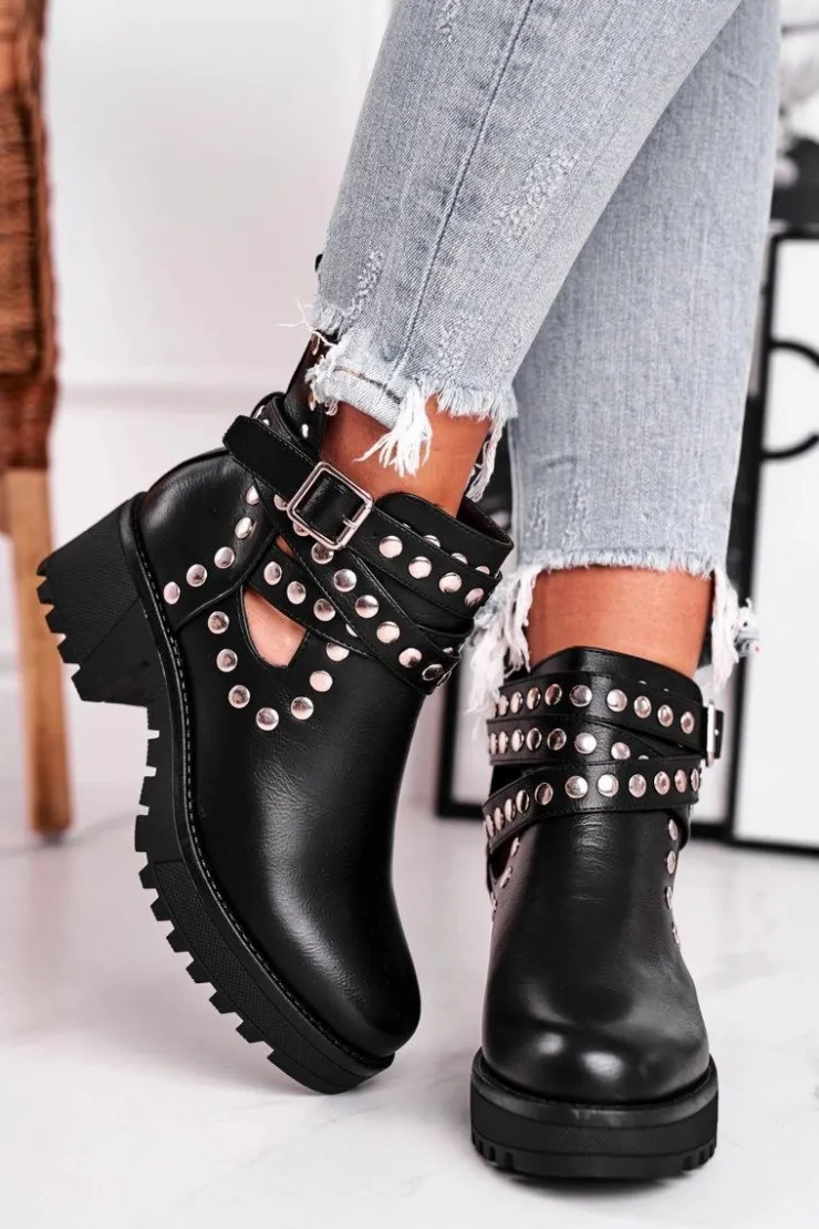 Boto Czarne Botki|Botki Na Obcasie*Botki Damskie Z Nitami Grunge Czarne Heavenly